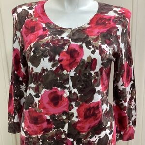 Talbots Red Rose Watercolor Charming Cardigan